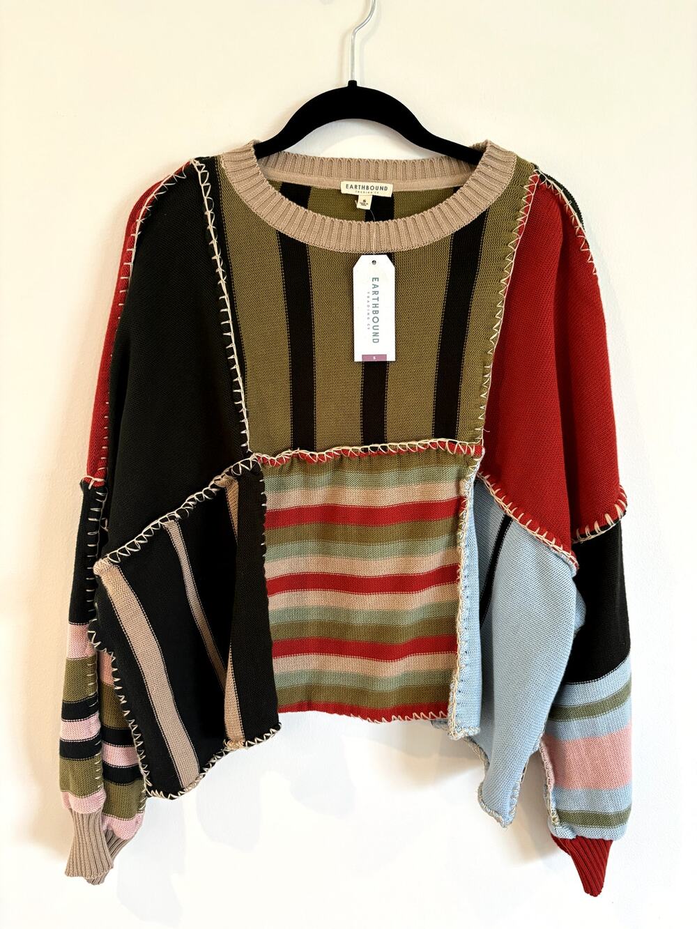 NWT Earthbound Trading Co Patchwork Sweater Size S Multi Color Boho Knit Top
